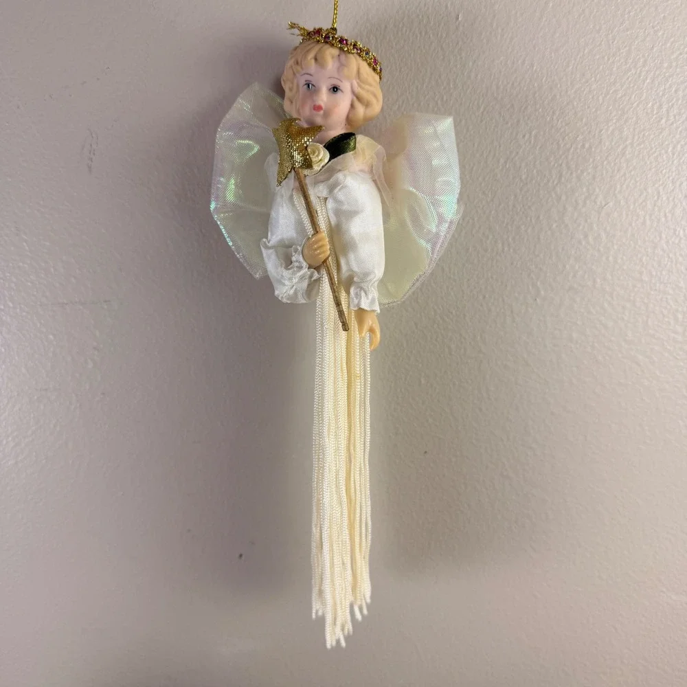 Vintage Set of 4 Porcelain Head Angel Christmas Ornaments White Tassel Star